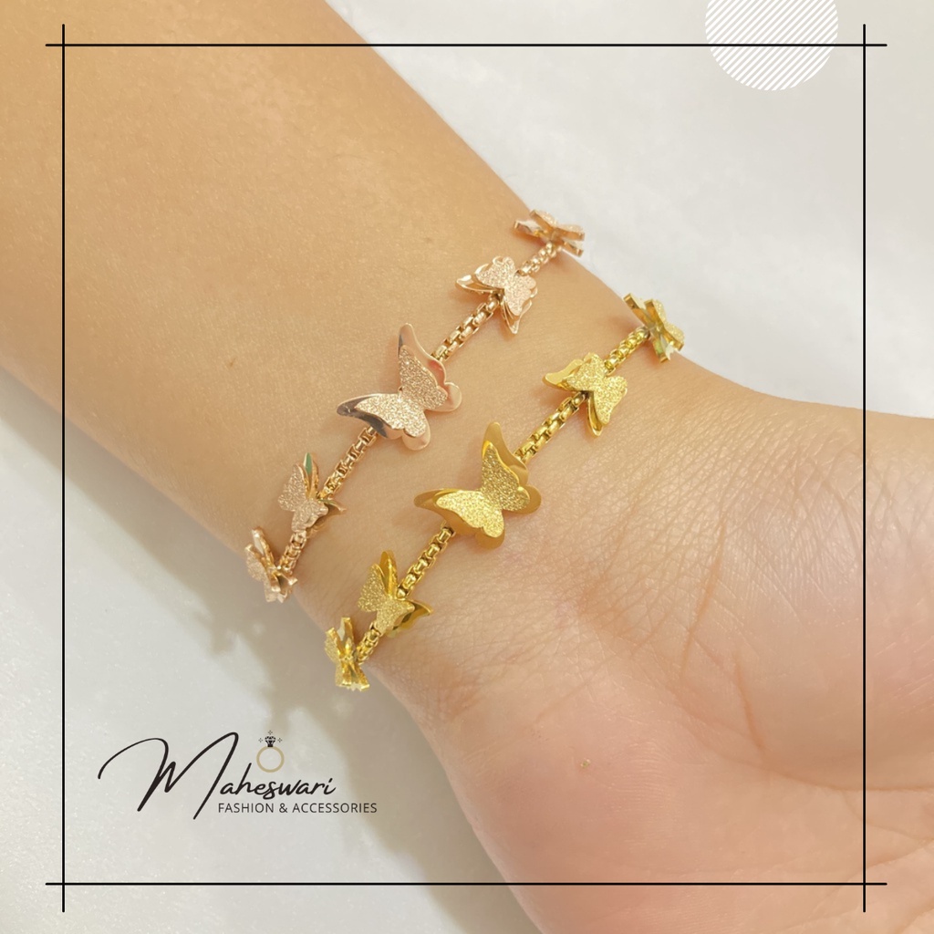 Gelang Titanium Wanita Anti Karat Gelang Serut Kupu Vintage Perhiasan Berlapis Emas Import MA413