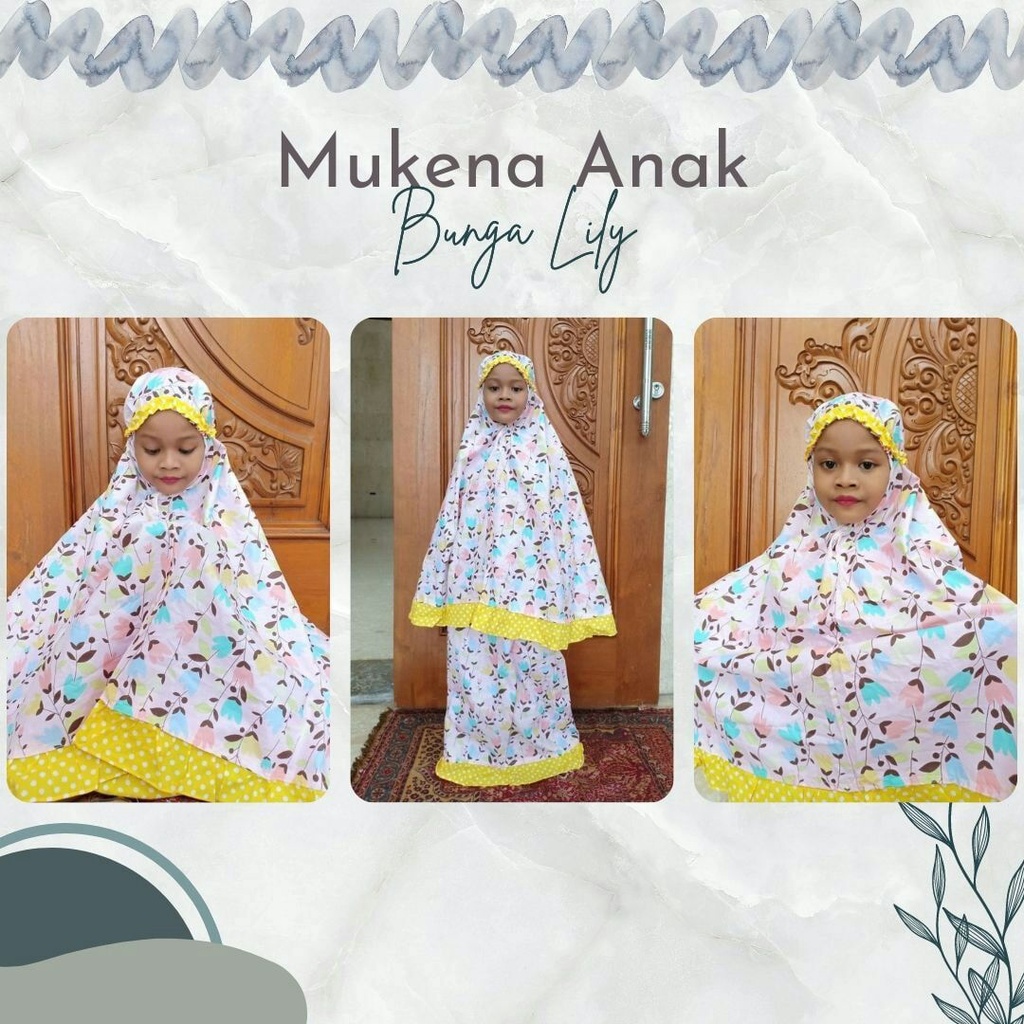 Mukena Anak Kajep Premium Motif Bunga Lily Variasi Tali Mukena Karet Melingkar Senna Store