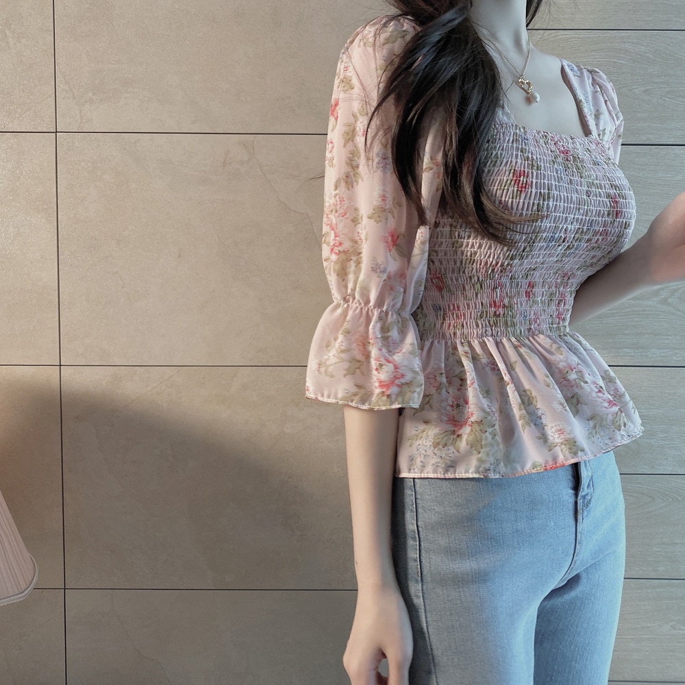 KOREAN STYLE FLORAL VINTAGE TOP BLOUSE ALA KOREA ATASAN WANITA