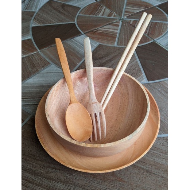 Piring mangkuk sendok garpu dan sumpit 1 set | Piring kayu | Alat makan