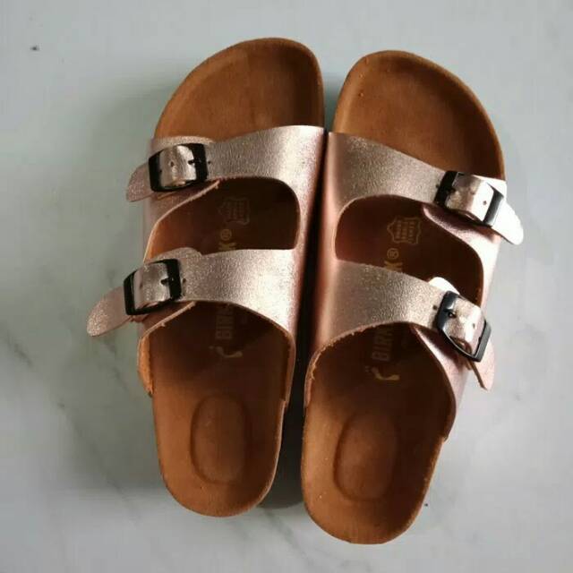 birkenstock arizona rose gold flat sandals