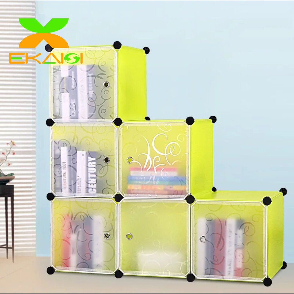 Ekaisi Lemari pakaian plastik lemari portable baju rak serbaguna rak buku 1+2+3 kotak pintu polos