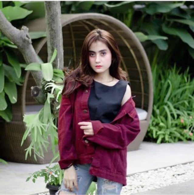 Jaket jeans oversize maroon big size jumbo