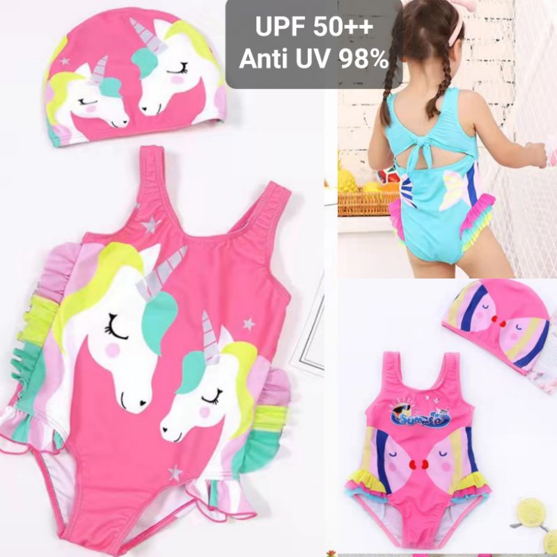 (9m -6th) Baju renang anak bayi anti UV unicorn ikan impor set topi/ swimsuit bayi import
