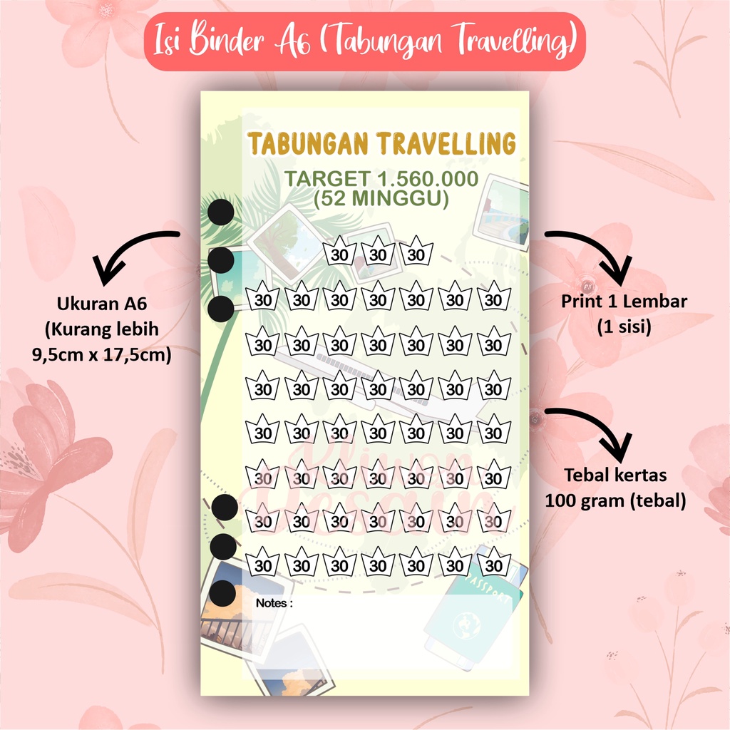 

isi kertas binder a6 ring 6 tabungan travelling