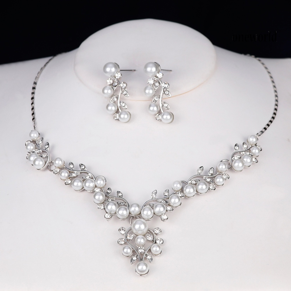 OW@ Women Elegant Faux Pearl Rhinestone Leaves Necklace Earrings Wedding Jewelry Set