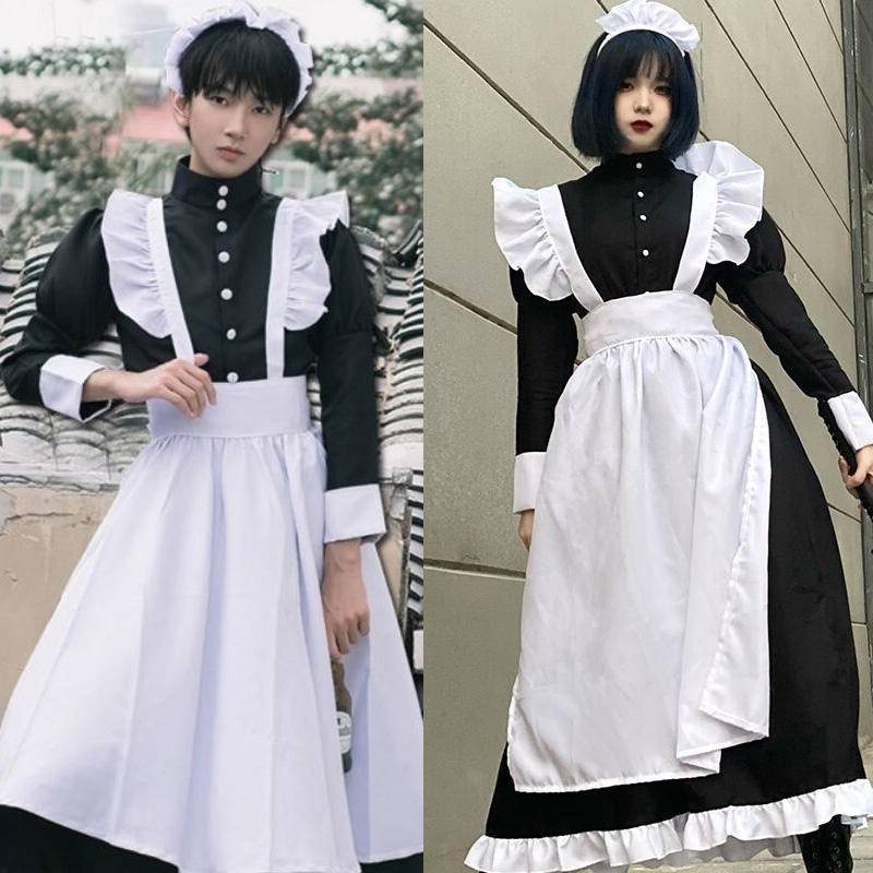 【Wetrose】Pria Wanita Memakai Cosplay Lucu Jepang Lolita Anime Pembantu Loli Hitam Panjang Gaun Kostum Maid Costume Suit