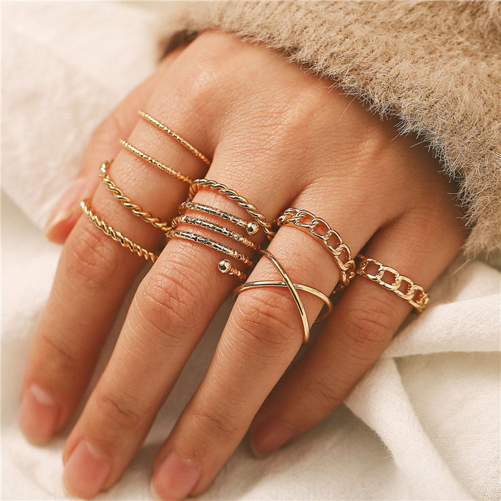 Needway  Female Punk Twisted Vintage Gold Sliver Color Finger Rings Set