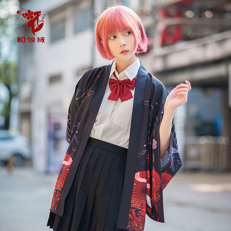 New Anime Street Cardigans Jepang Harajuku Kimono Longgar Warna Pria Hitam Hijau Merah Pakaian 2023