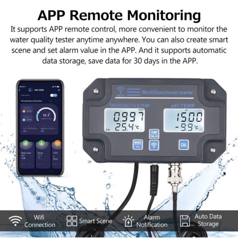 Smart WiFi Tuya 6in1 PH EC TDS Salinity S.G Temperature Meter W3988