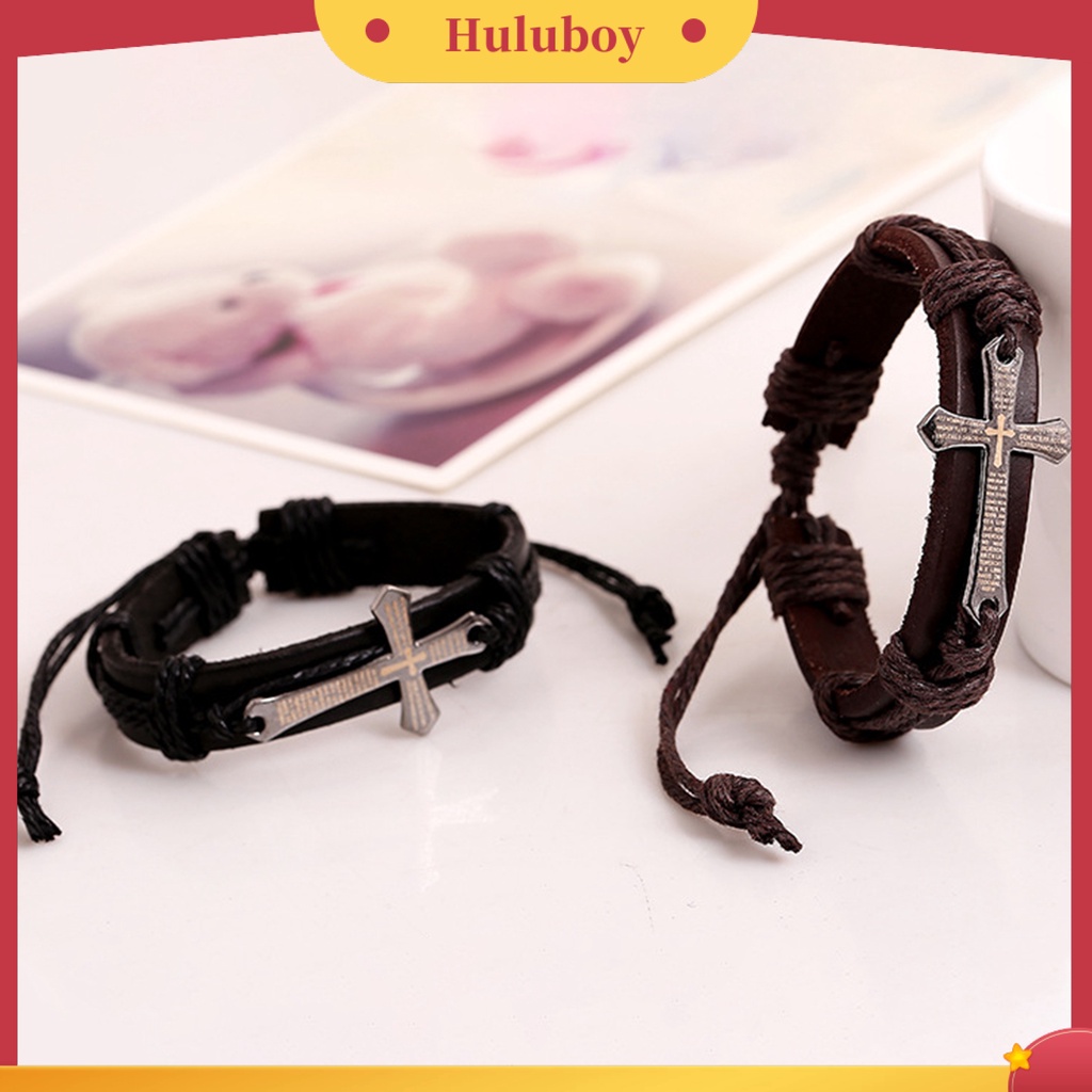 Hu Hu Hu Hu Hu Alat Bantu Pasang Kacamata♡ Gelang Tangan Kulit Imitasi Adjustable Aksen Salib Alloy Gaya Retro Punk Untuk Pria