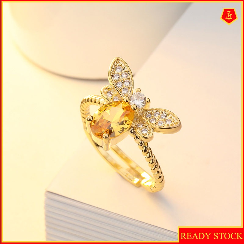 [Ready Stock]Colored Gems Citrine Little Bee Gold Ring