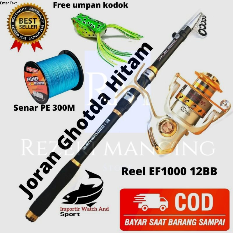 Pancing Set joran  ghotda hitam dan  Reel EF 1000 12 BB  Benang PE 300 Meter  Joran dan ril satu set