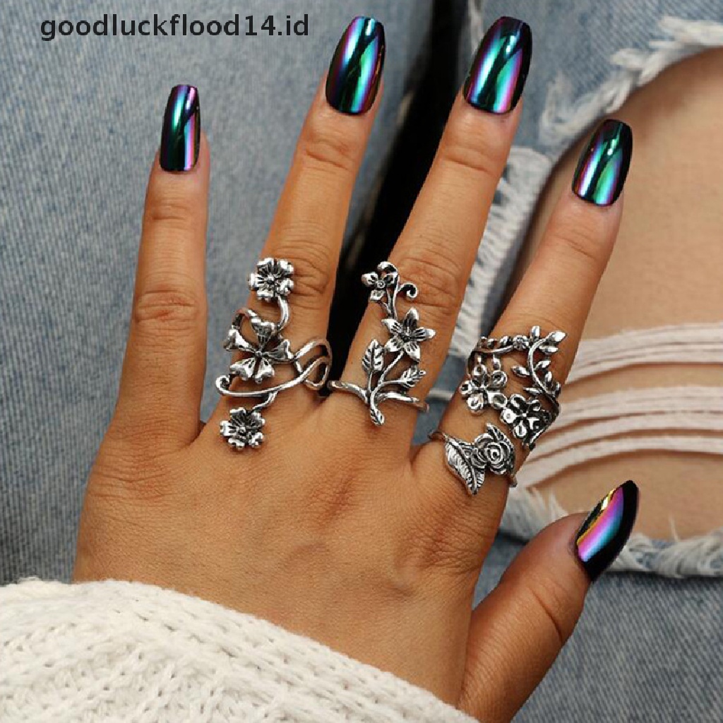 [OOID] 4pcs/set Antique Silver Color Vintage Bohemia Ring Set Rose Flower Rings ID