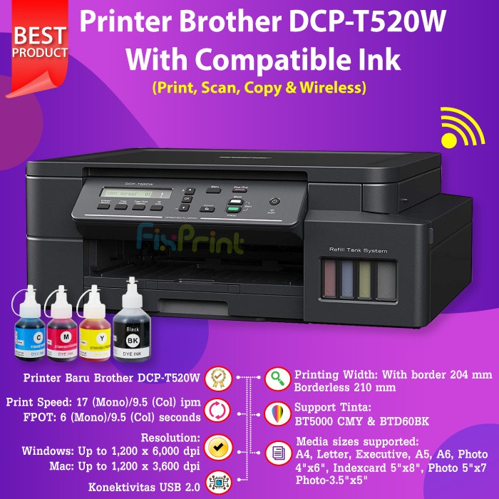 Printer Brothr DCP-T520W DCP T520W WiFi Print Scan Copy A4 Wireless Nirkabel With LCD Panel Tinta D60 Black BT5000 Cyan Magenta Yellow