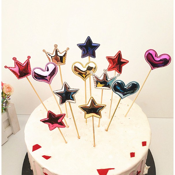 10pcs Topper Kue Bentuk Mahkota / Hati / Bintang Untuk Ulang Tahun / Baby Shower