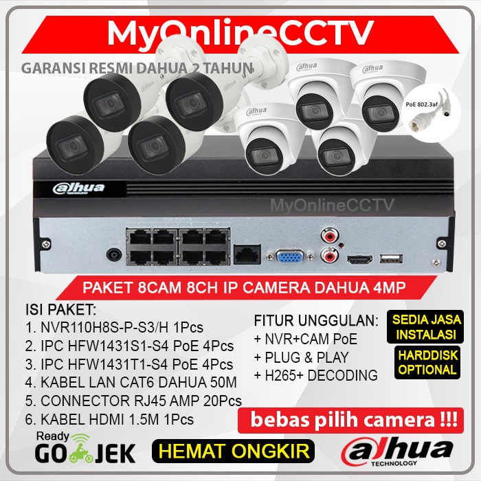 Paket CCTV 8 IP Camera 4MP Dahua Lengkap NVR 8Ch Outdoor Indoor