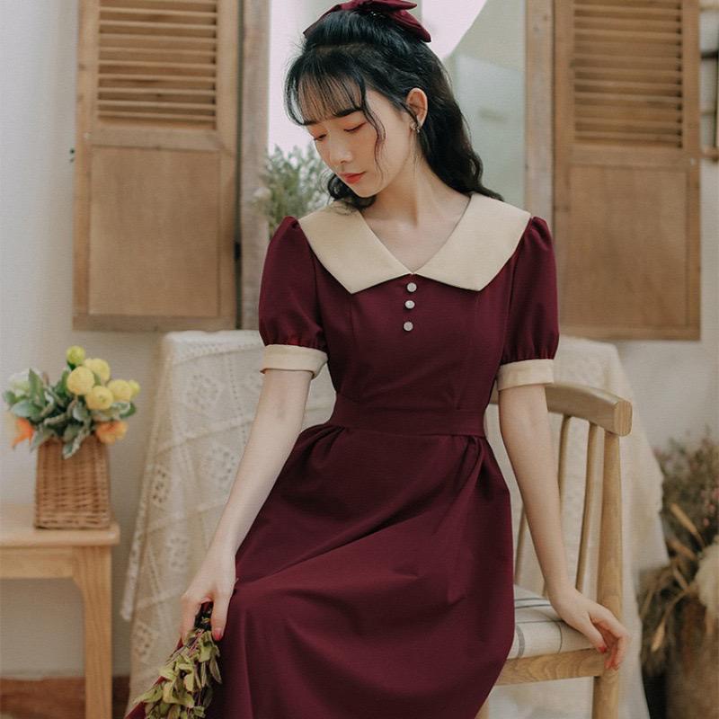 [littlecrab] Dress Collar With Pearl Gaun Wanita Panjang Lengan Pendek Two Tone Color Maroon Hitam Simple Berkualitas Dress Berkerah Kasual Simply Korean Style