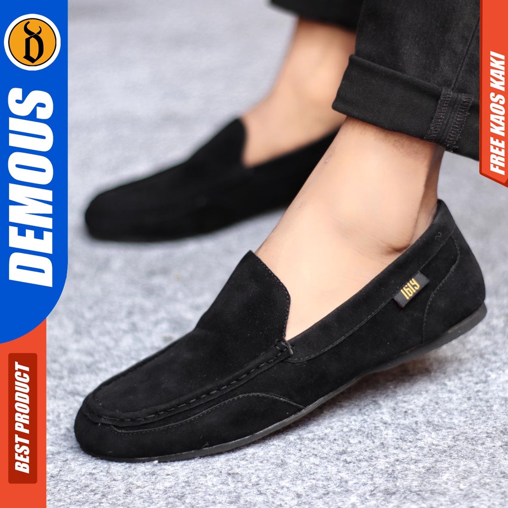 Demous Modnes Sepatu Slip on Pria Santai Casual Formal Suede Kerja Hitam