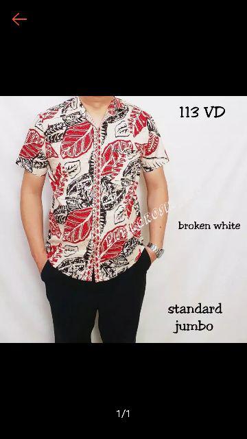 Kemeja 113 Vd# Kemeja Batik Pria Warna Merah Motif Daun Bahan Katun Stretchy