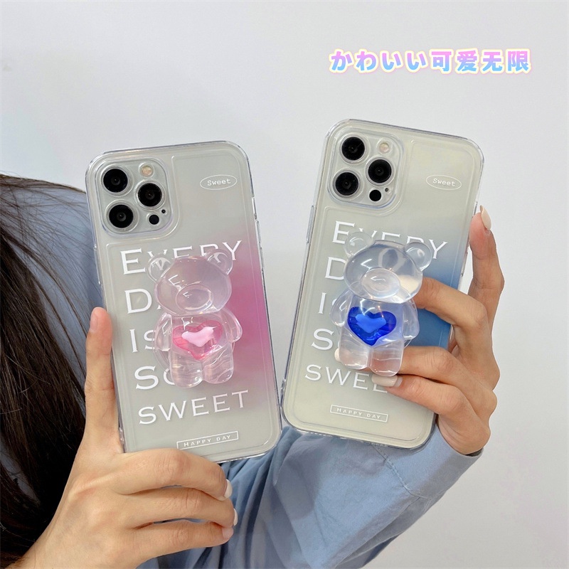 IPHONE 3d Cinta Hati Crytal Bear Holder Cover Pasangan Kekasih Warna Gradasi Casing Ponsel Transparan Untuk Iphone7 8 PLUS X XR XS 11 12 13 PRO MAX SE 2020