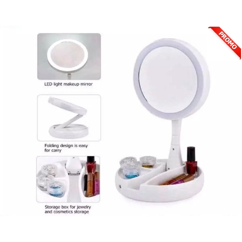 Lampu Makeup Cermin Lipat Vanity Mirror Rias Dua Sisi Kosmetik Kotak Mirror LED 10X Lipat Foldable