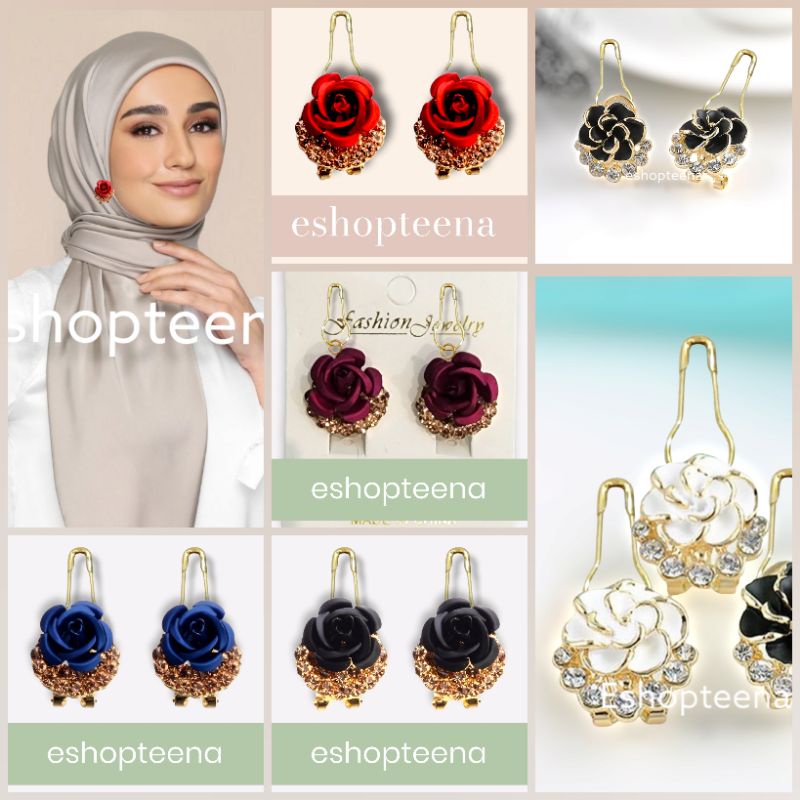 A161 Anting hijab (pakai peniti) / anting jepit (utk teliga) bunga mawar hitam diamond