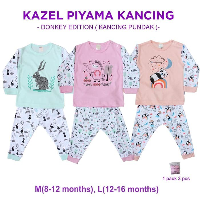 3setel Kazel Piyama Girl Donkey Edition Kancing Depan Pundak Baju Bayi 0-16 Bulan