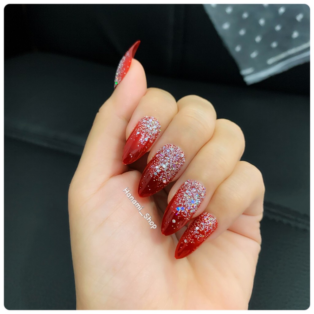 wedding fake nail false nail kuku palsu pernikahan merah maroon glitter sgm