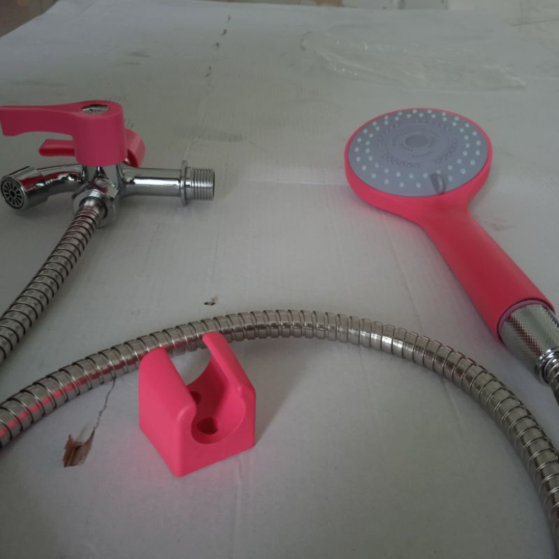 Hand Shower Set Pink Fuscia Terbaru Shower 3 Mode Air + Kran Cabang Pink + Selang Pink + Hanger Pink