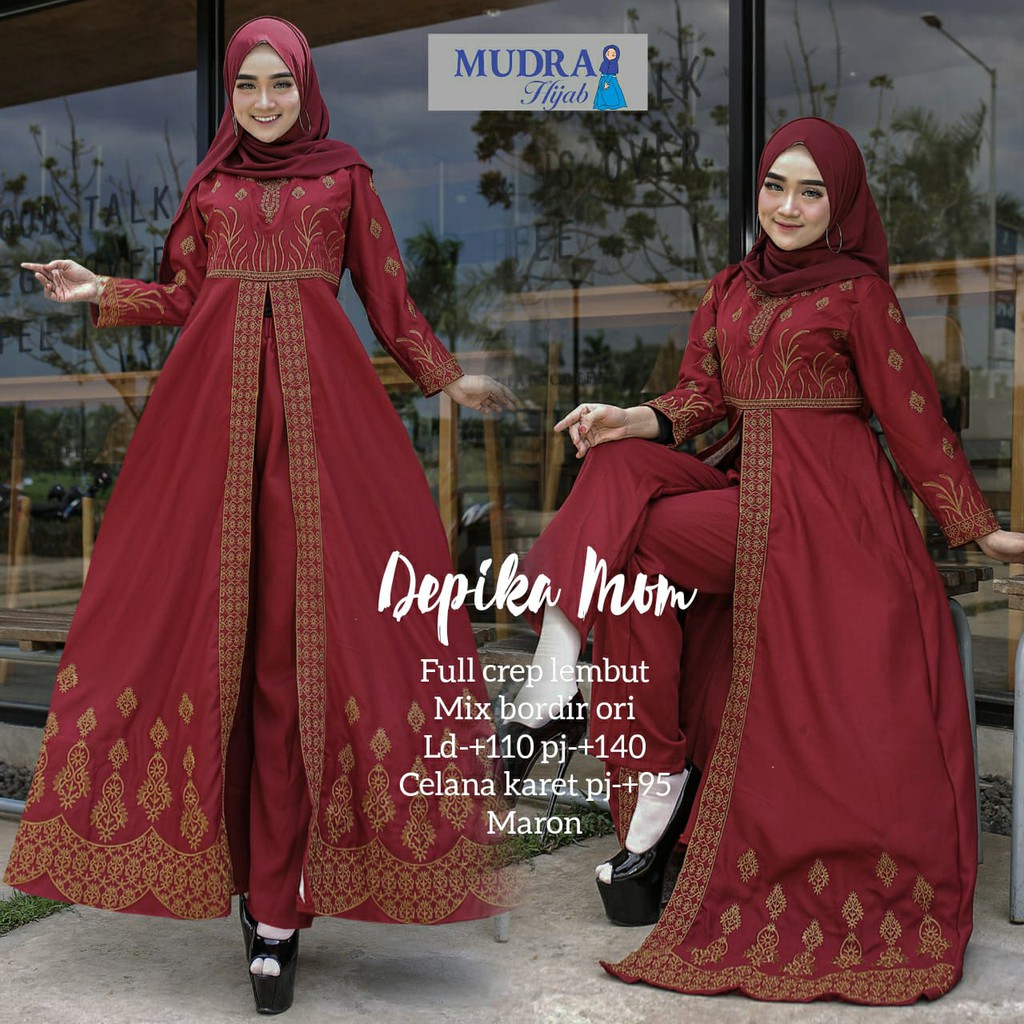 SETELAN ONE SET GAMIS FULL CREPE LEMBUTMIX BORDIR ORIGINAL + CELANA KARET SERI DEPIKA MOM