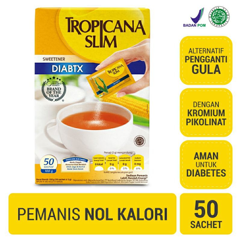 

Tropicana Slim Sweetener DIABTX Gula Rendah Kalori 50 sachet