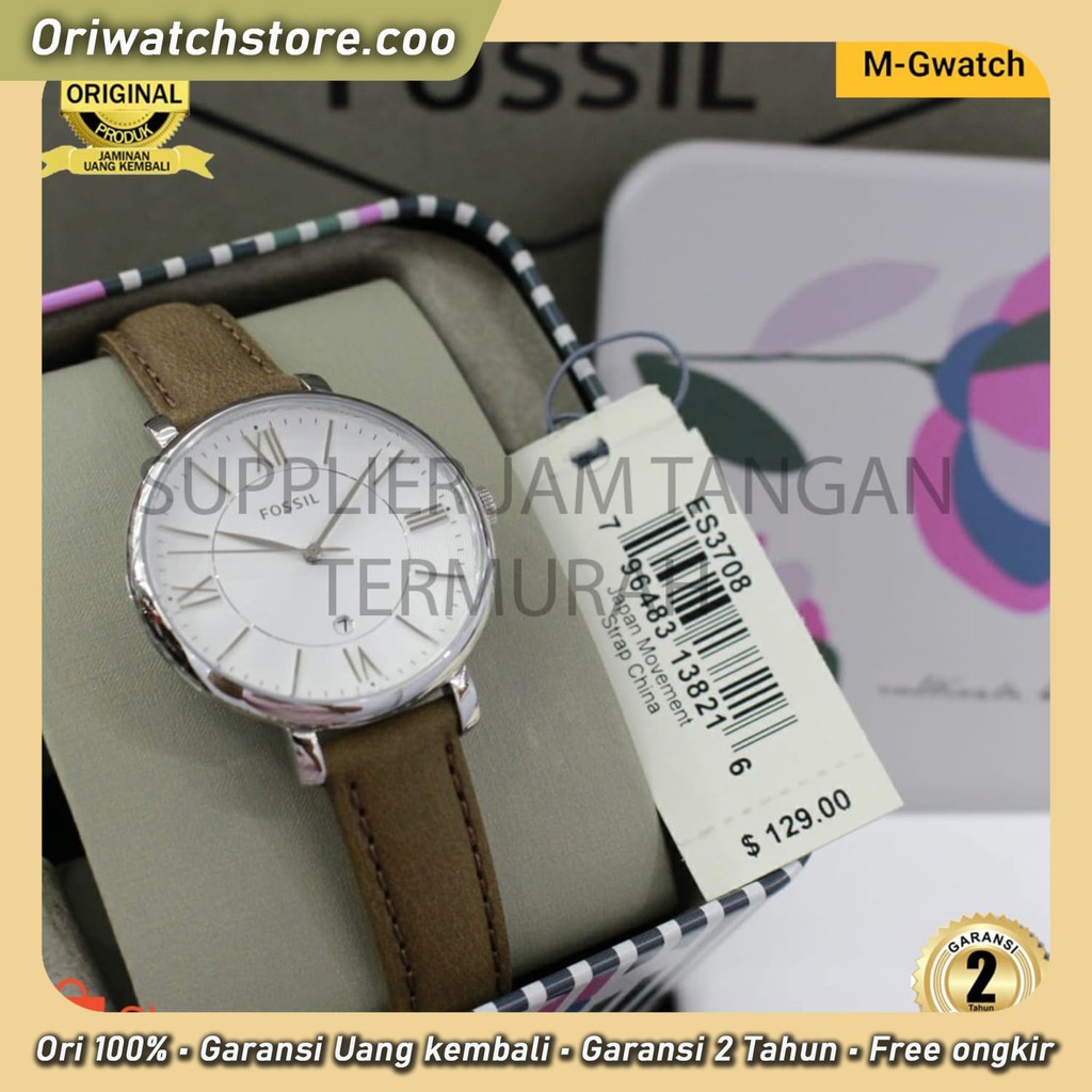 TERLARIS Fossil ES3708 Jacqueline Silver Dial Brown Leather Strap Watch Jam tangan wanita size 35mm