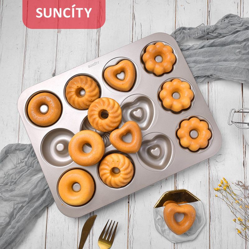 suncity 12 cups 4 shapes doughnut bake pan / cup cake / loyamg donut mini