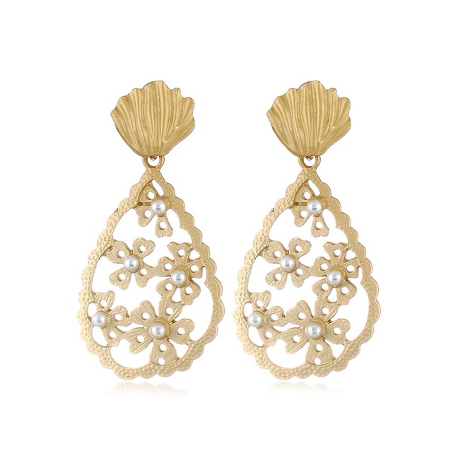 LRC Anting Tusuk Fashion Gold Openwork Dripping Flower Pearl Stud Earrings F33194