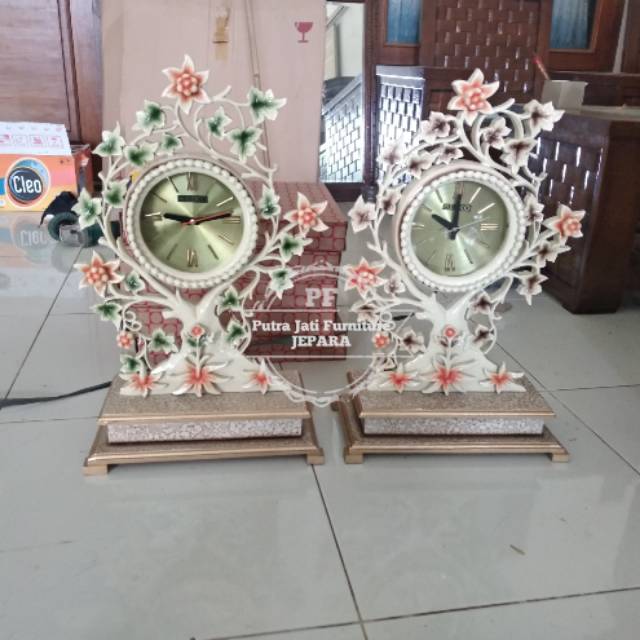 Jam Meja Hias Kayu Jati Full Ukir Motif Bunga Warna Kombinasi Murah Free Ongkir
