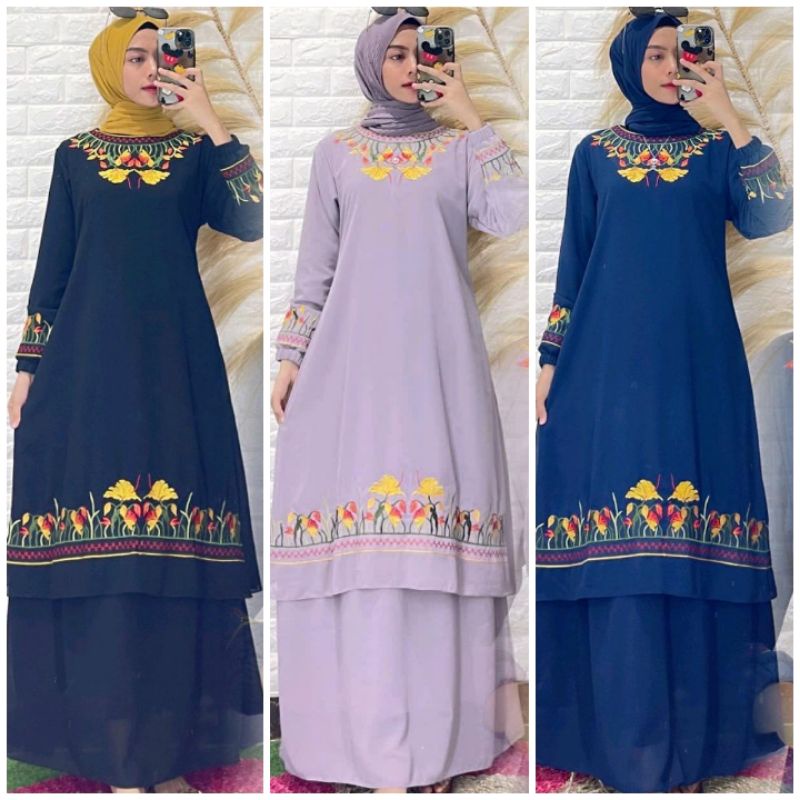 Gamis Melayu Bordir Bunga Premium Terbaru Model Unik Dress Wanita Dewasa Baju Kurung Malaysia Set Lo