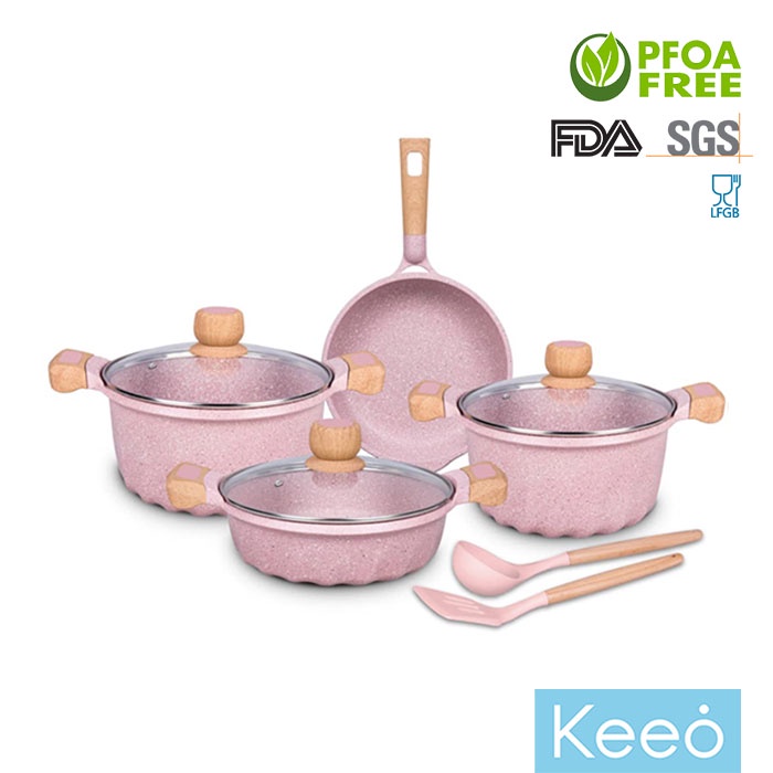 MGC 9 Pcs Wajan Panci Set Anti Lengket Marble Granit Pink