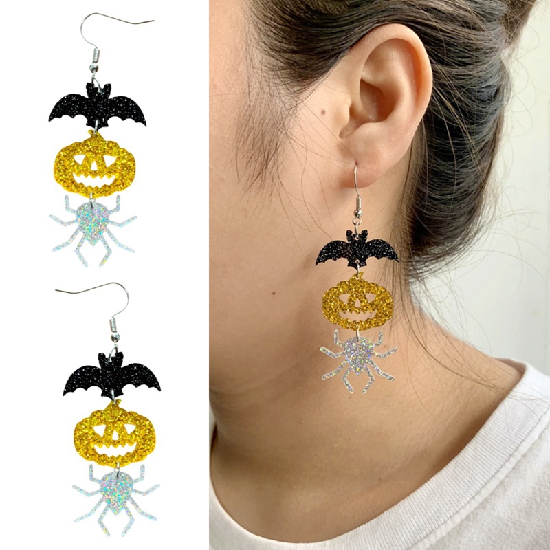 Anting Gantung Wanita Desain Labu / Laba-Laba / Kelelawar Hias Glitter Untuk Halloween / Cosplay / Hadiah