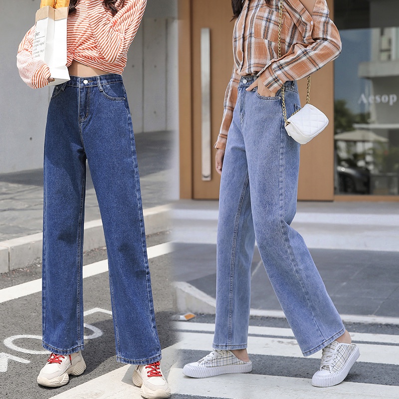 Celana Jeans Wanita Gaya Korea Celana Panjang Fashion Celana Gaya Pinggang Tinggi Tipis dan Lebar Kaki Lurus