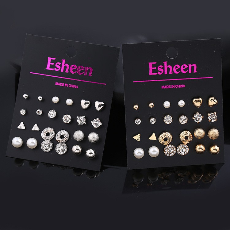 STT Set Anting Wanita Tusuk Bentuk Bulat Hias Kristal untuk Women Anting 12 Pairs Set Pears Crystal-1