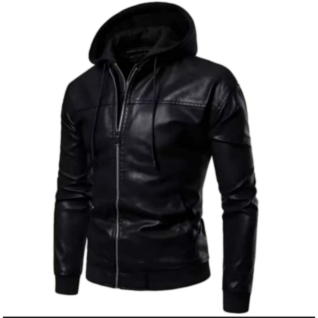 Jaket Hoodie Pria Kulit Sintetis / Jaket Kulit Hoodie Pria / Jaket Pria Hoodie Semi Kulit
