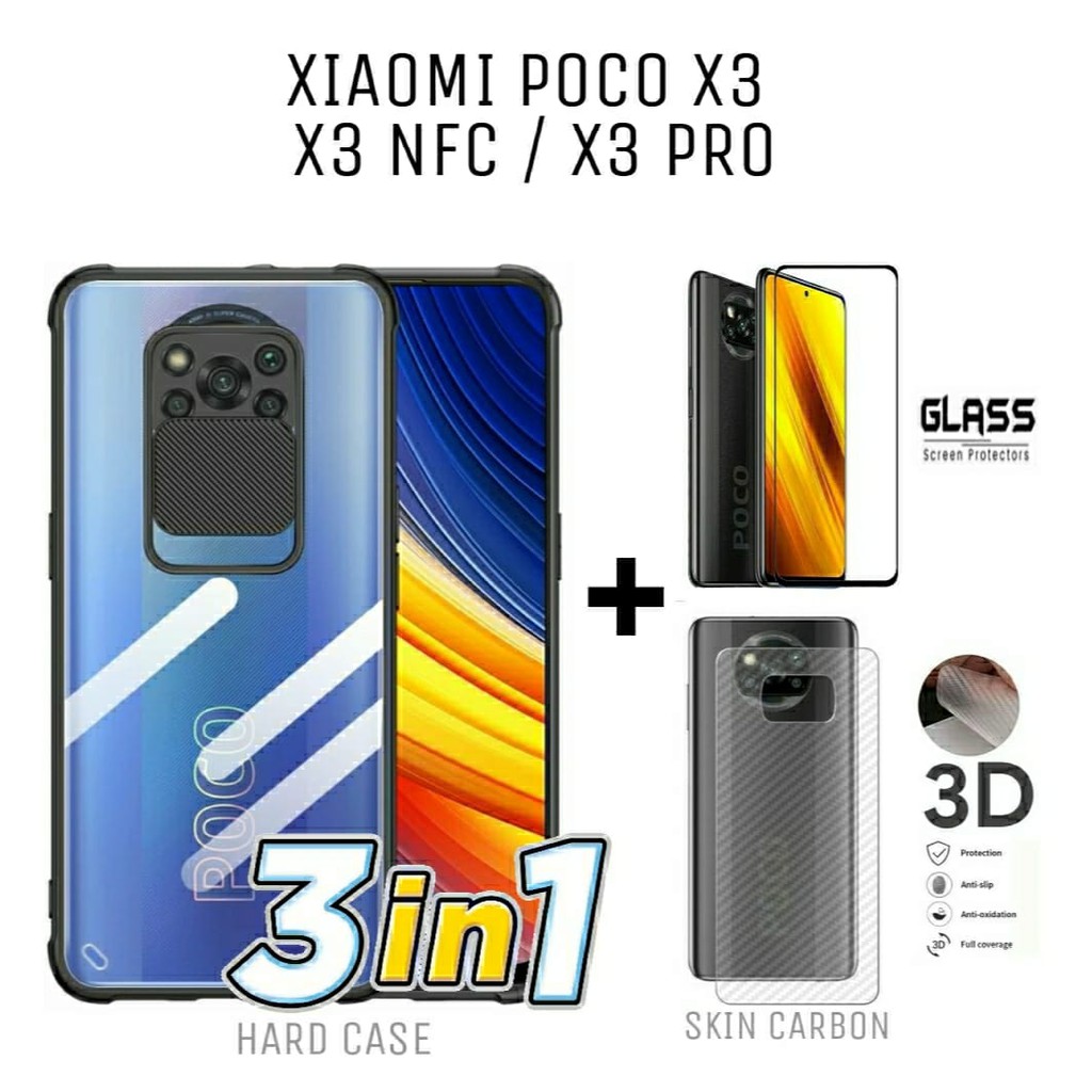 Case Xiaomi Poco X3 / NFC/ Pro hardcase Fusion Sliding 3In1 Tempered Glass dan Garskin Carbon