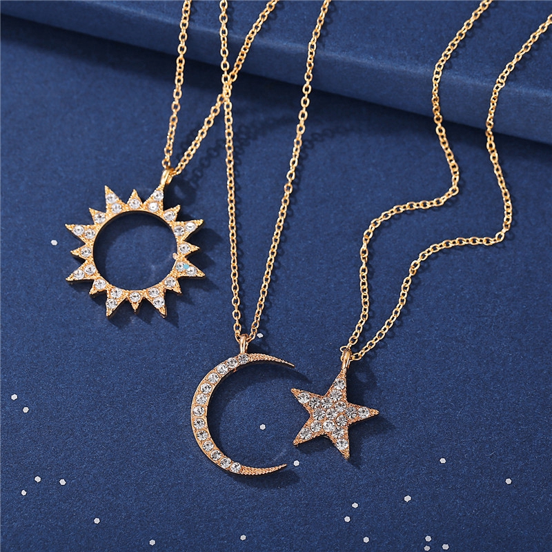 Fashion Galaxy Series Necklace Women Star Moon Sun Gold Dangle Necklaces Earrings Set Gifts Jewelry