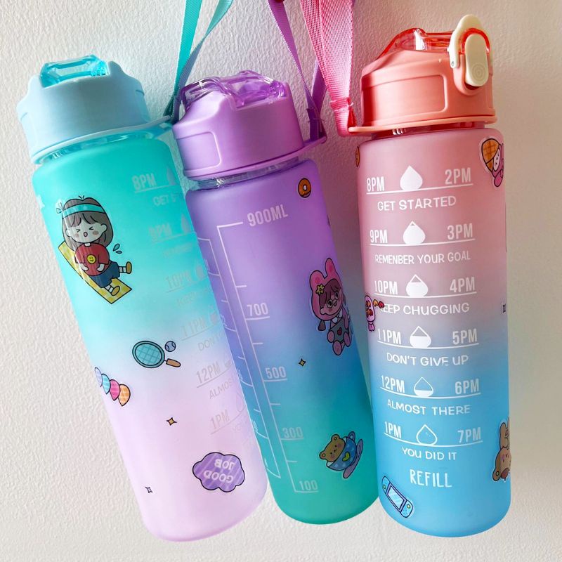 [1Kg Muat 4] Botol Viral 1 Liter Rainbow Lengkap Sedotan / Botol Minum Karakter Sedotan / Botol Minu