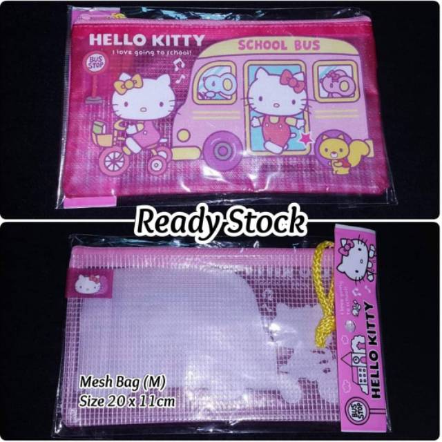 

Mesh Bag / Zipper Pouch / Dompet / Tempat Pensil / Tempat Masker Sanrio Hello Kitty School Bus