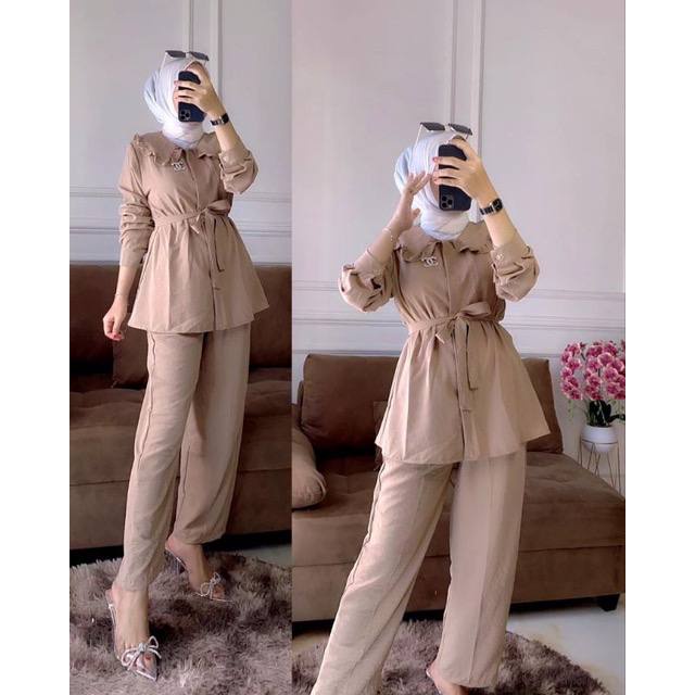 Denada Set - One Set Wanita Kekinian Kemeja Crinkle Airflow Setelan Wanita Celana Kulot LD 110 cm