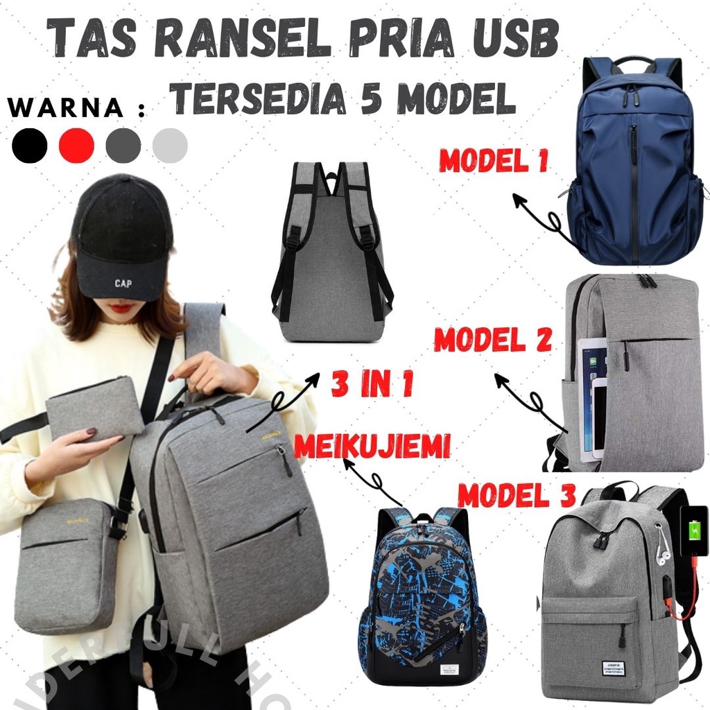 Tas Ransel Pria USB Charger Waterproof Tas Sekolah Backpack Korea Tas Punggung Tas Murah Anti Air