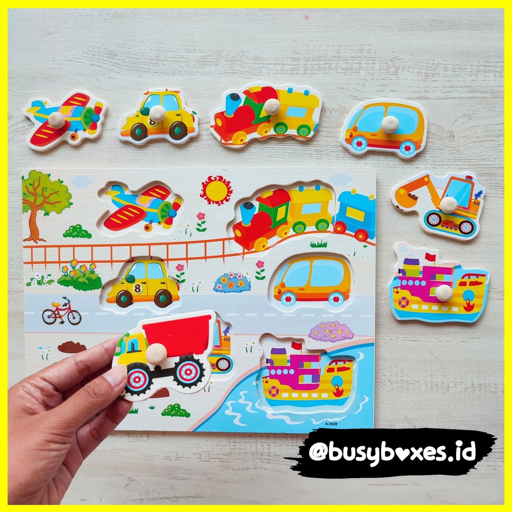 [busyboxes.id] puzzle kayu bergambar mainan edukasi anak puzzle kayu knob tema transportasi kendaraan - kereta api