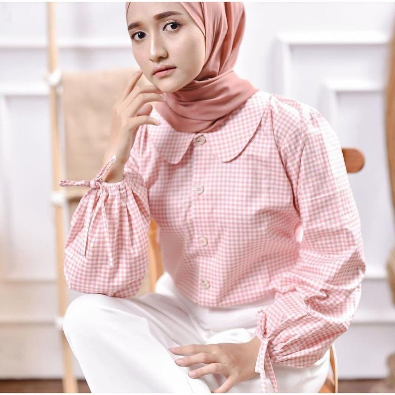 Romashop [Bisa COD] Zashi Top Atasan Blouse Outfit Muslim Wanita Katun Kotak-kotak Premium Termurah